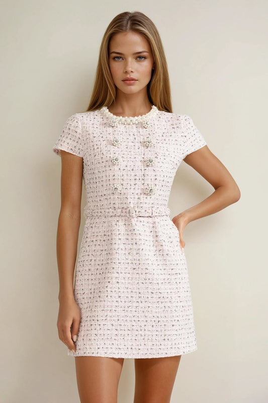 Mini Dress with Pearl Trim and Embellished Buttons - Pink