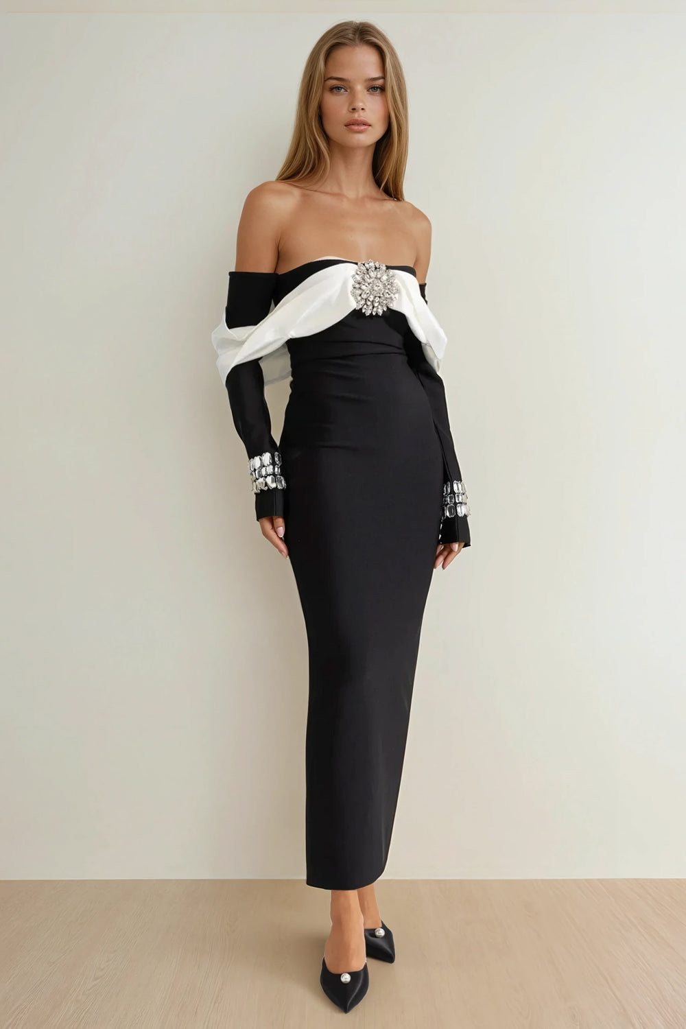 Off-Shoulder Maxi Dress with Crystal Details - Black