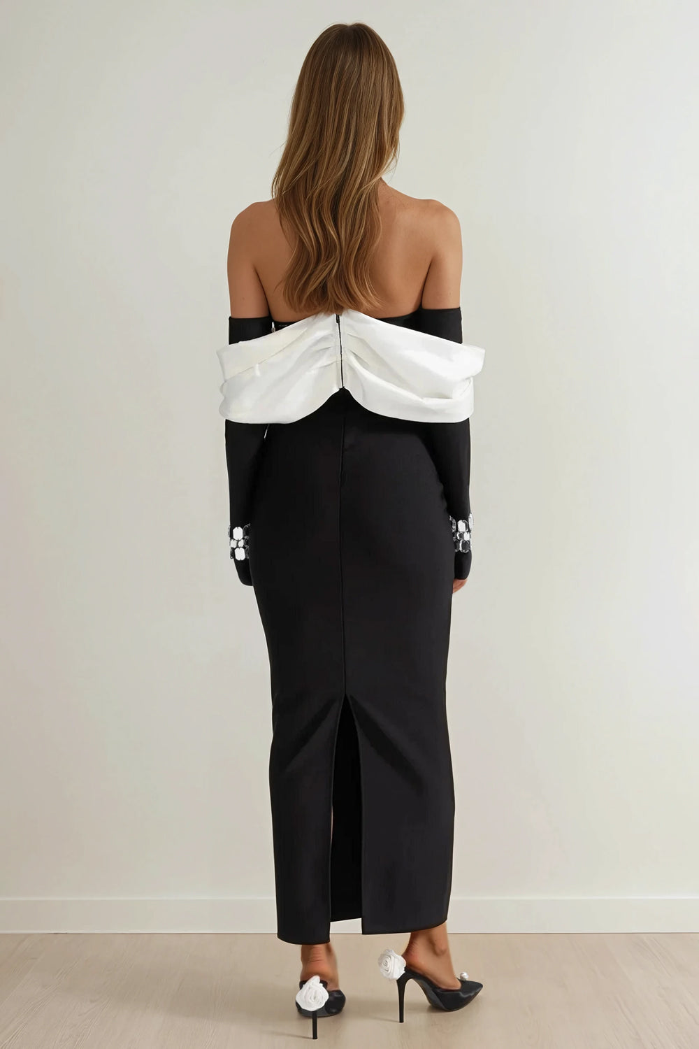 Off-Shoulder Maxi Dress with Crystal Details - Black