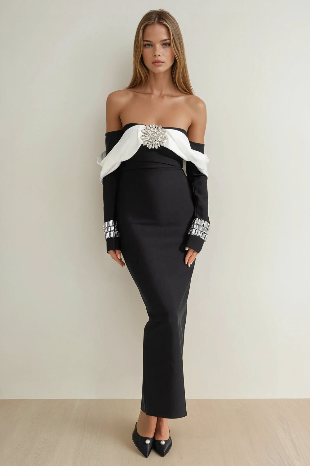 Off-Shoulder Maxi Dress with Crystal Details - Black