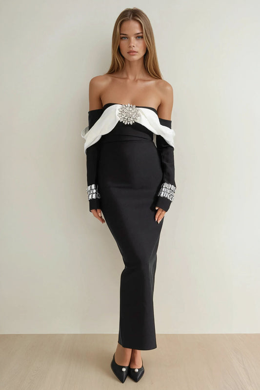 Off-Shoulder Maxi Dress with Crystal Details - Black