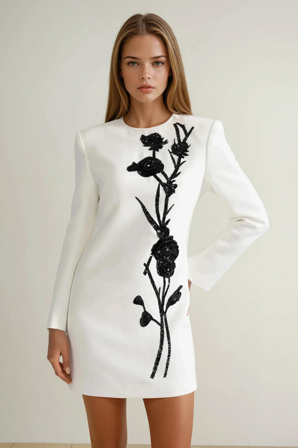 Mini Dress with Floral Beadwork Detail - White