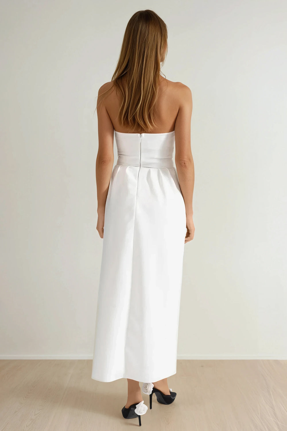Strapless Maxi Dress with Draped Overlay and Beaded Sheer Panel - White
