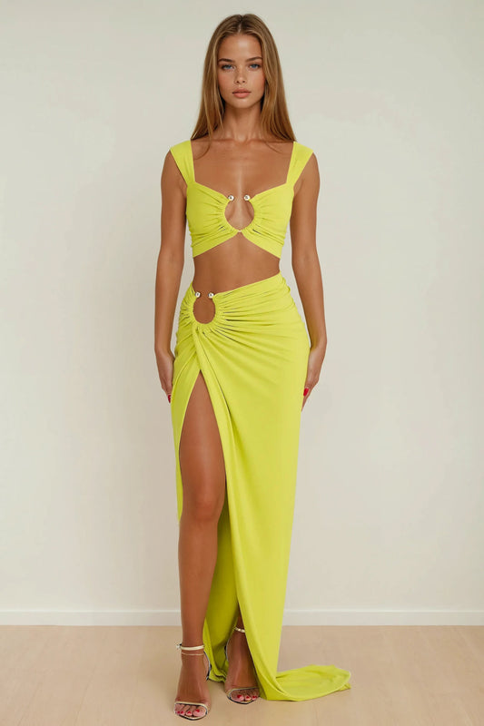 Two-Piece Set with Ring Detail Crop Top and High Slit Maxi Skirt - Yellow