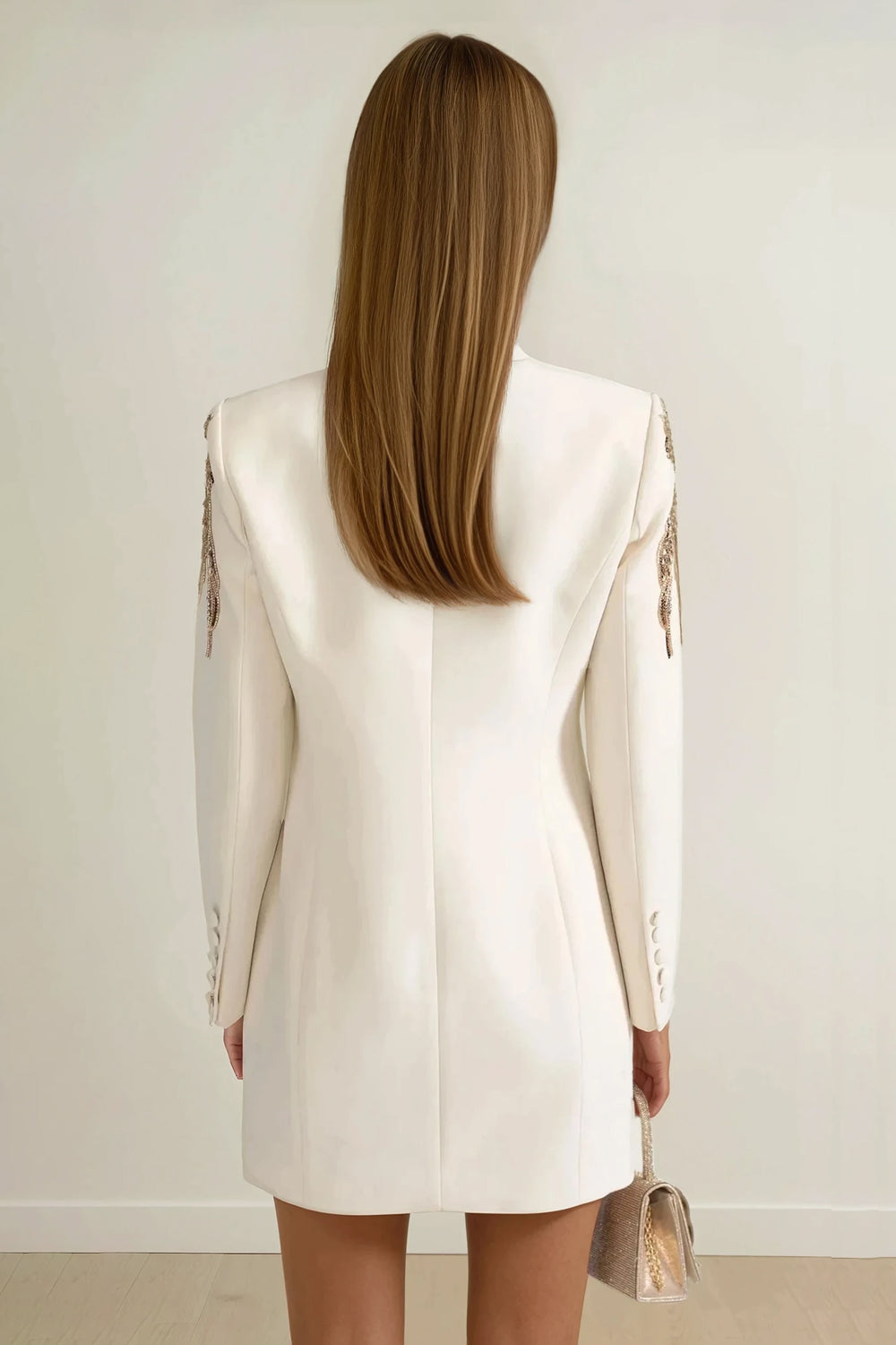 Mini Dress with Draped Skirt and Shoulder Sequins - White
