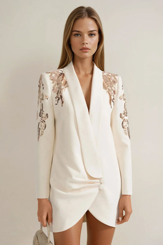 Mini Dress with Draped Skirt and Shoulder Sequins - White