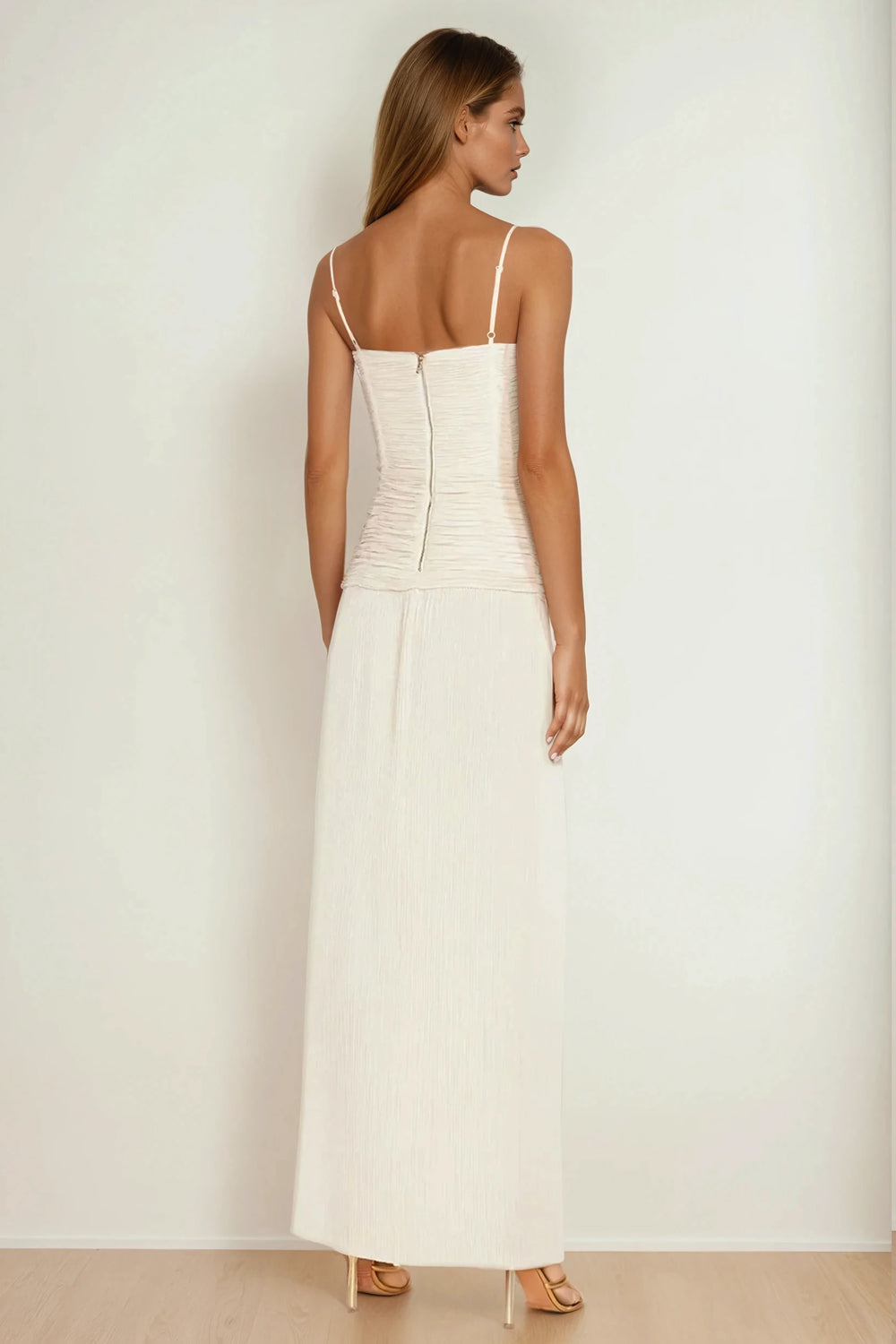 Maxi Dress with Ruched Corset and Pleated Skirt - White