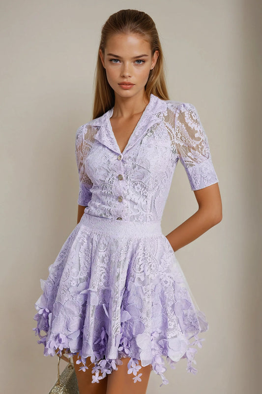 Two-Piece Set with Deep V Lace Top and Floral Mini Skirt - Purple