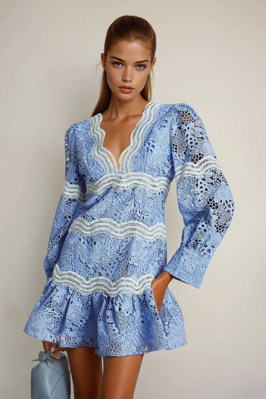 Mini Dress with Lace Panels and Ruffled Hem - Blue
