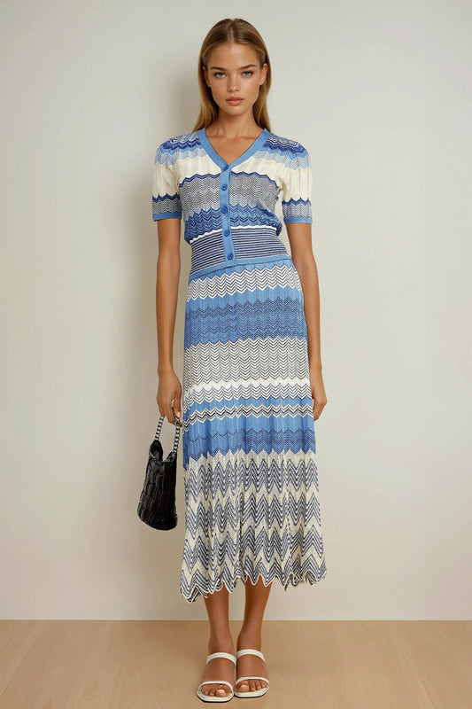 Two-Piece Set with Zigzag Knit Cardigan and Flowy Midi Skirt - Blue