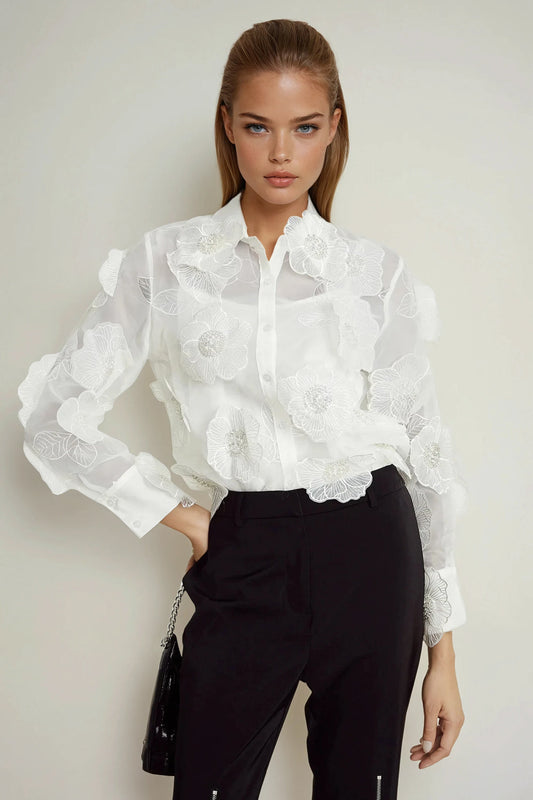 Sheer Shirt with Embroidered Floral Details - White