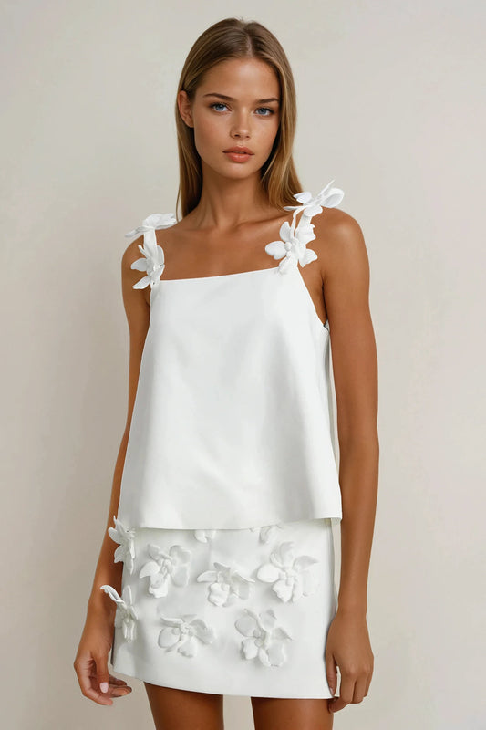 Two-Piece Set with Floral Strap Top and Mini Skirt - White