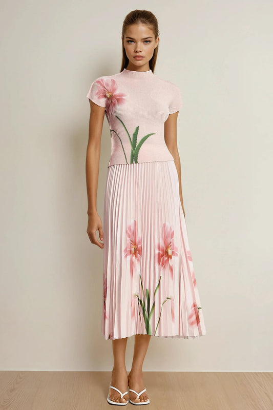 Two-Piece Set with Printed Top and Pleated Skirt - Pink
