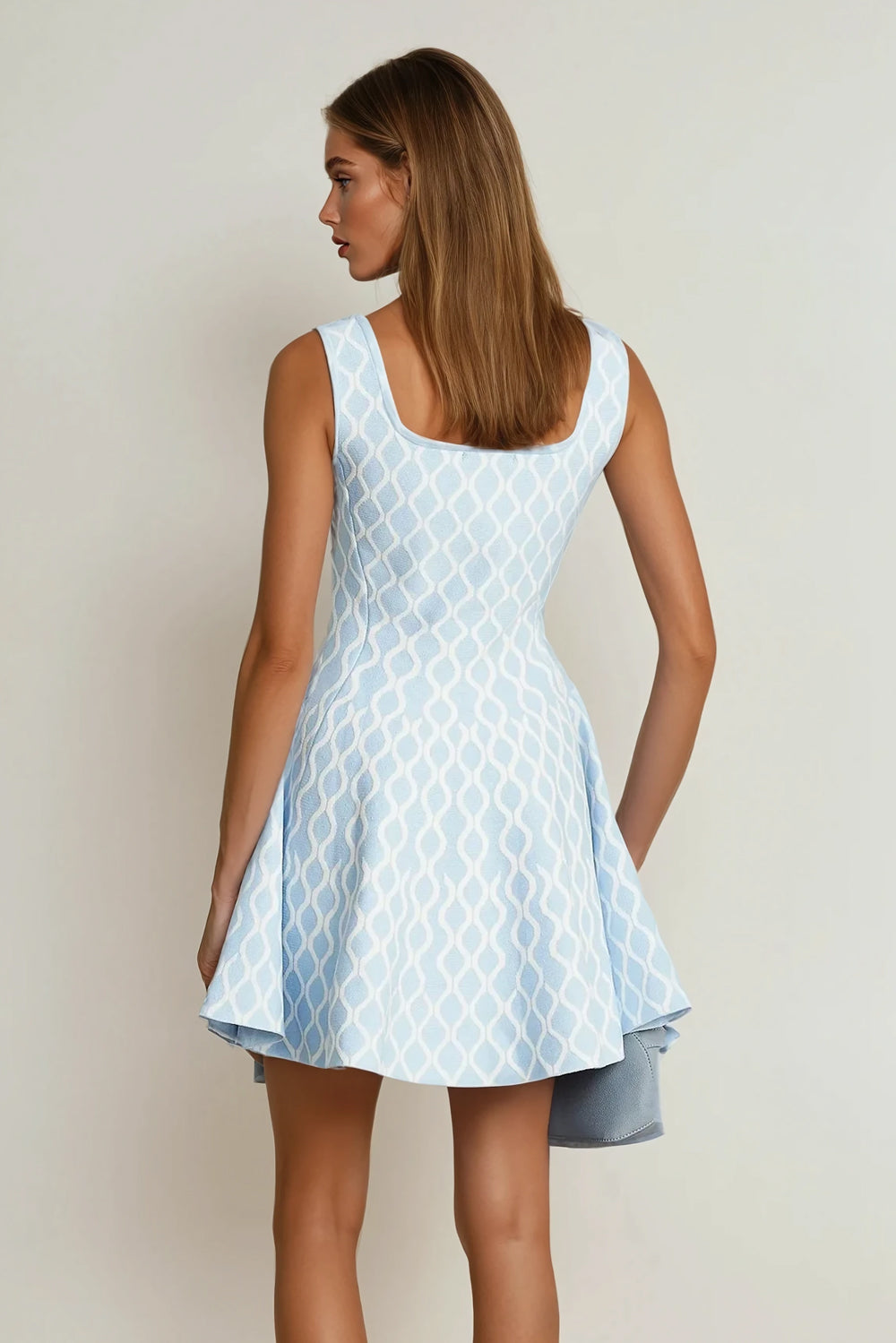 Mini Dress with Square Neckline and Flared Hem - Blue