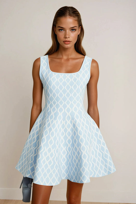 Mini Dress with Square Neckline and Flared Hem - Blue