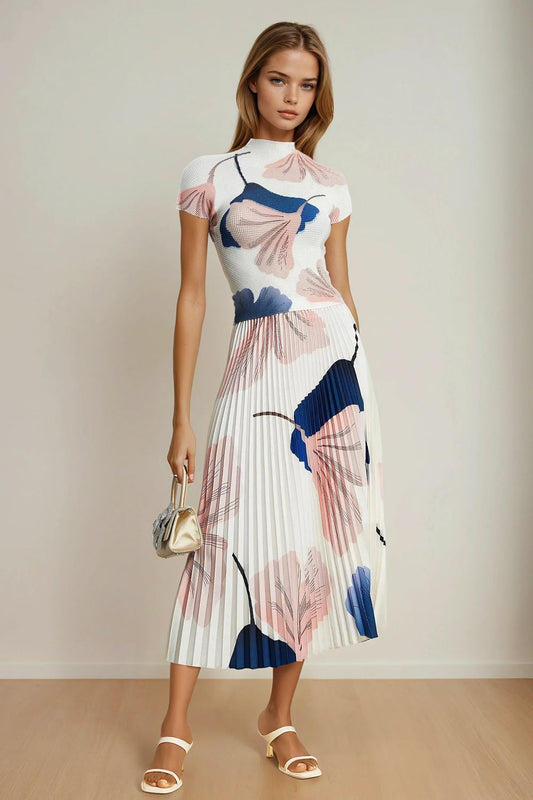 Two-Piece Set with Fitted Top and Pleated Midi Skirt - White
