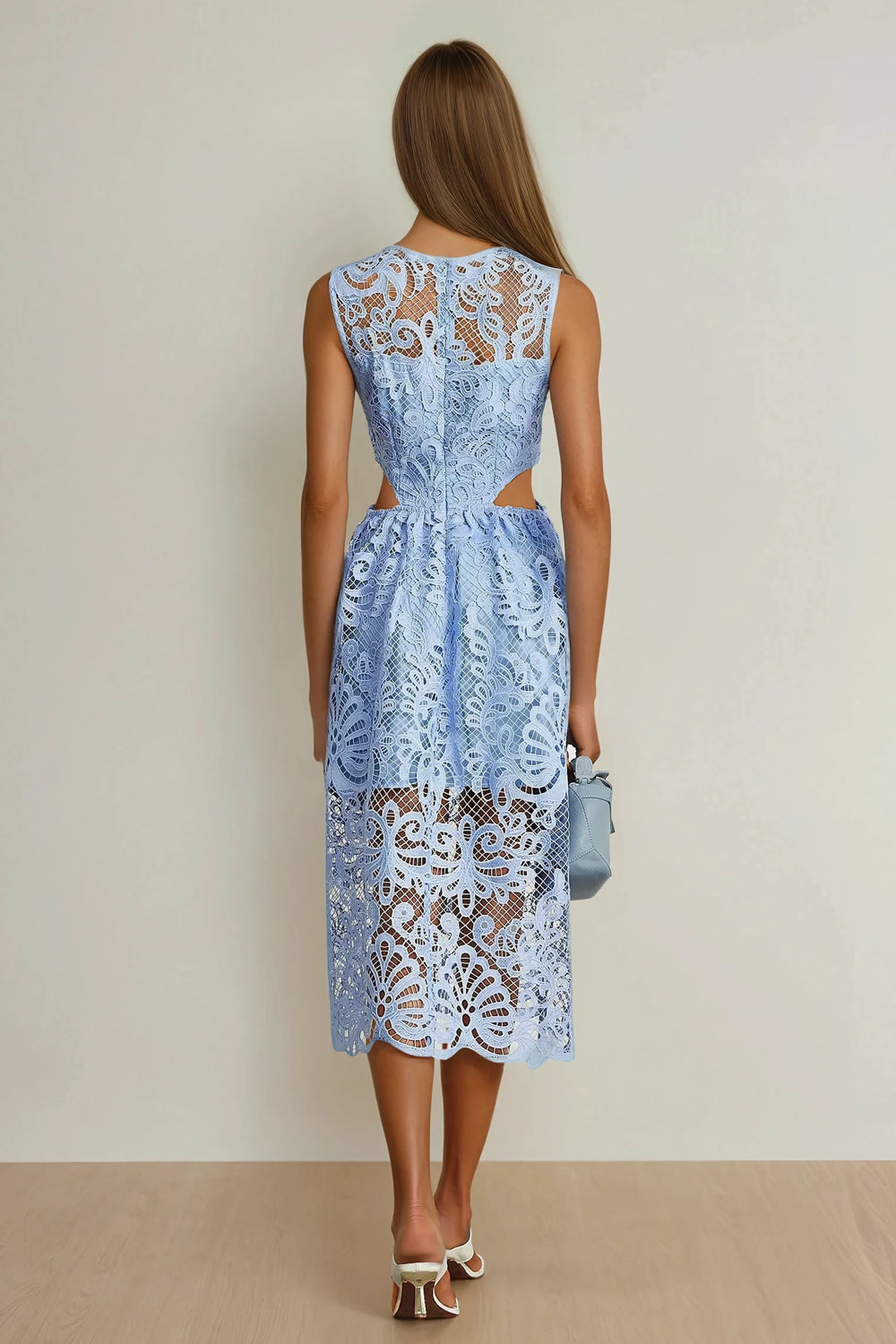 Sleeveless Midi Dress with Lace Overlay and Side Cutouts - Blue
