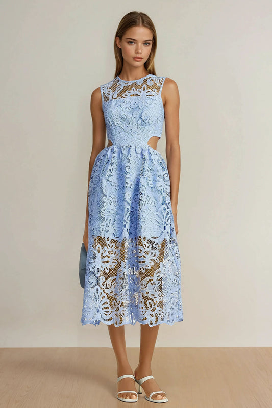Sleeveless Midi Dress with Lace Overlay and Side Cutouts - Blue