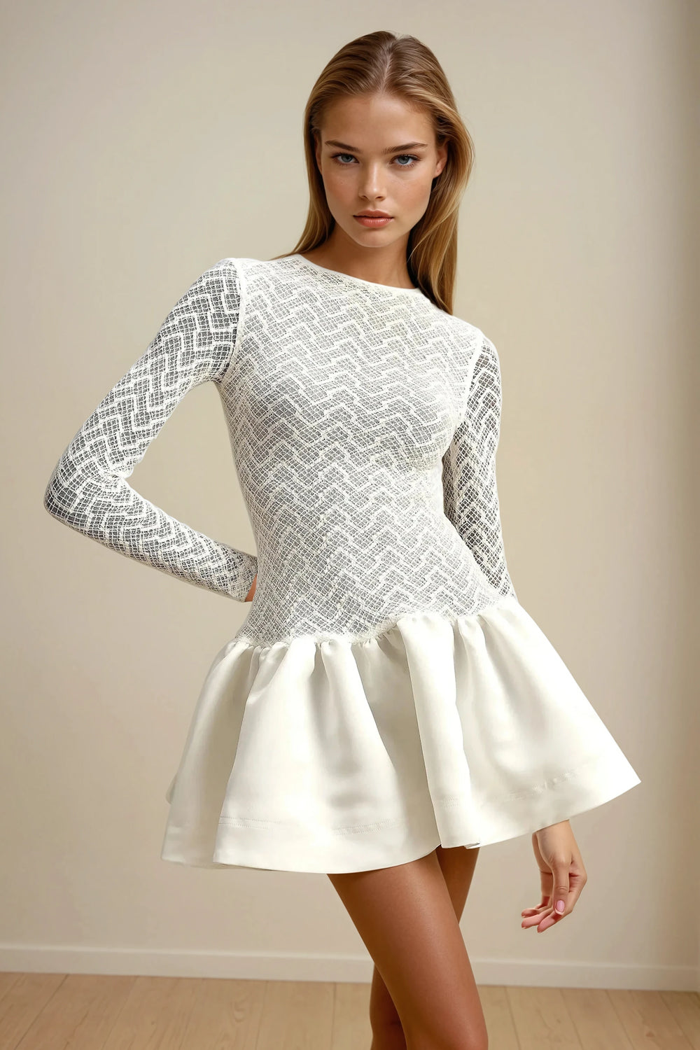 Long Sleeve Mini Dress with Flared Skirt - White
