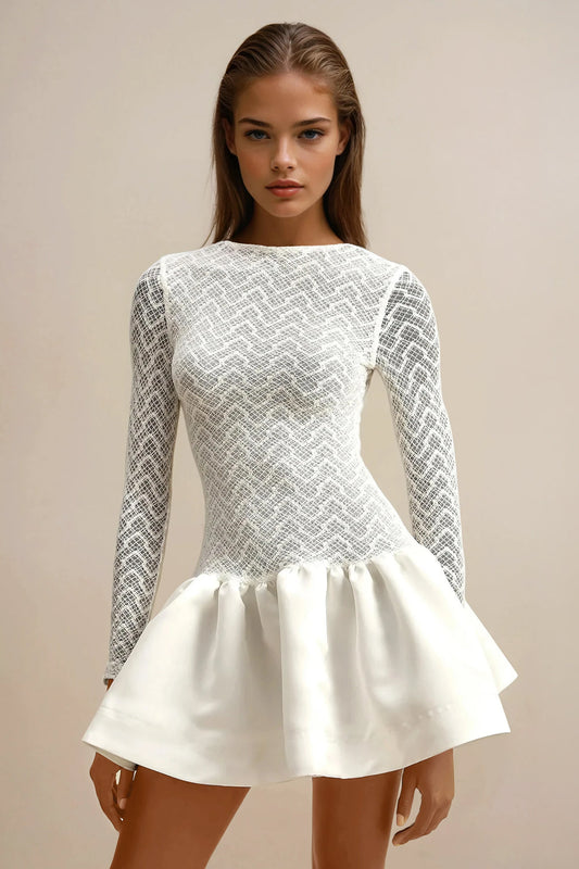 Long Sleeve Mini Dress with Flared Skirt - White