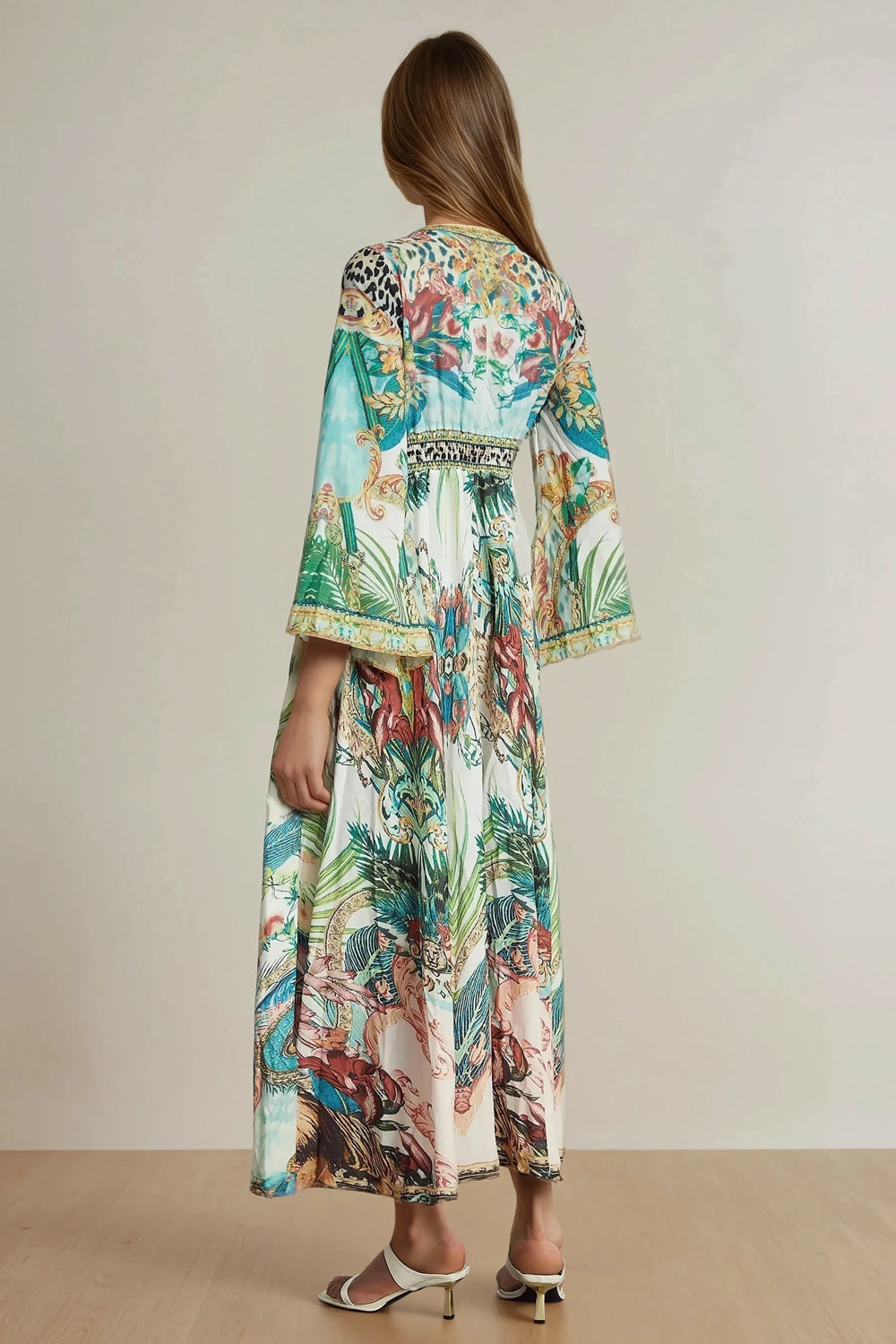 V-Neck Maxi Dress with Flared Sleeves and Printed Skirt - Green