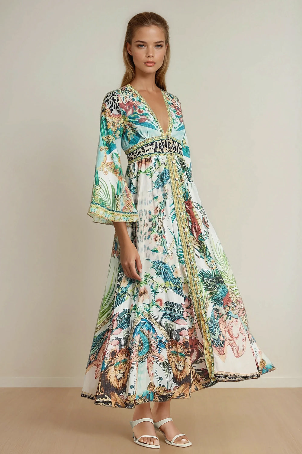 V-Neck Maxi Dress with Flared Sleeves and Printed Skirt - Green