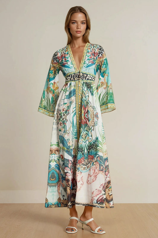 V-Neck Maxi Dress with Flared Sleeves and Printed Skirt - Green