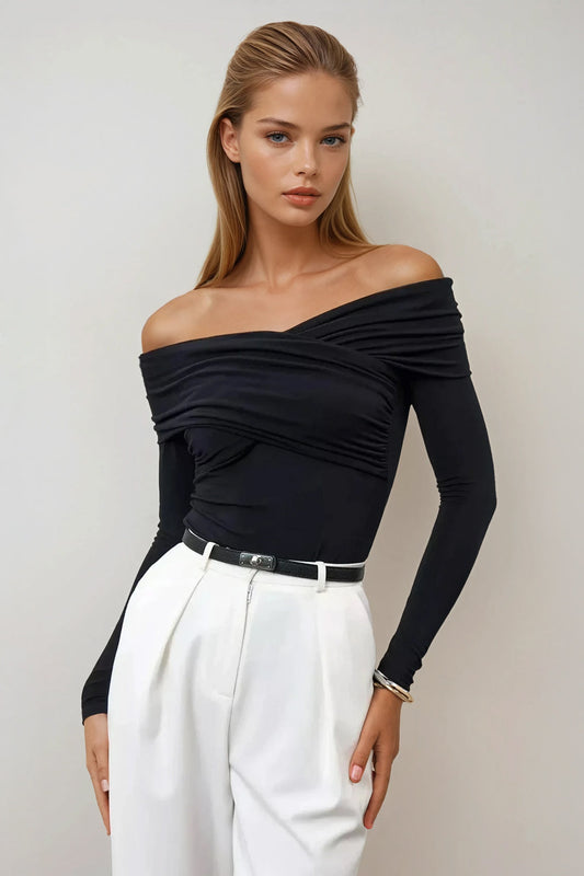 Off Shoulder Long Sleeve Draped Top - Black