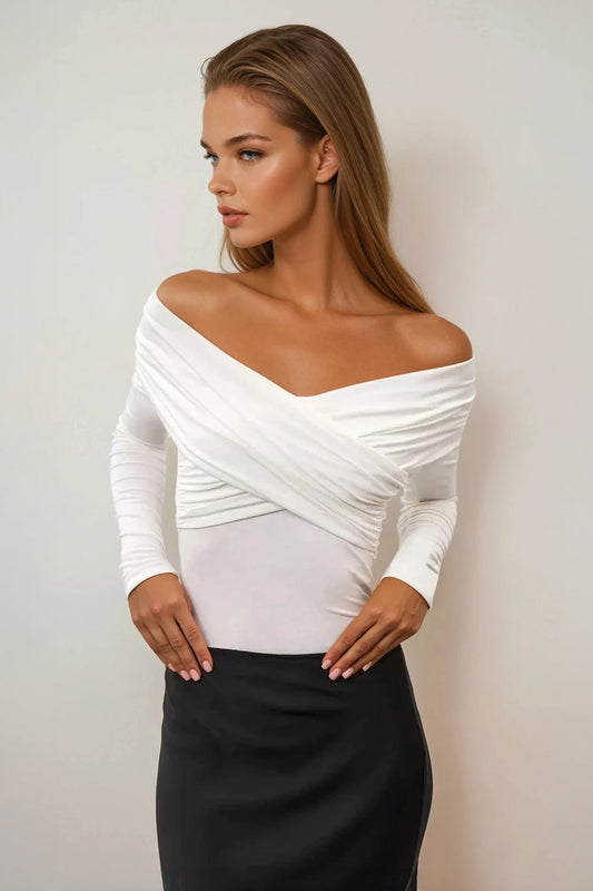 Off Shoulder Long Sleeve Draped Top - White