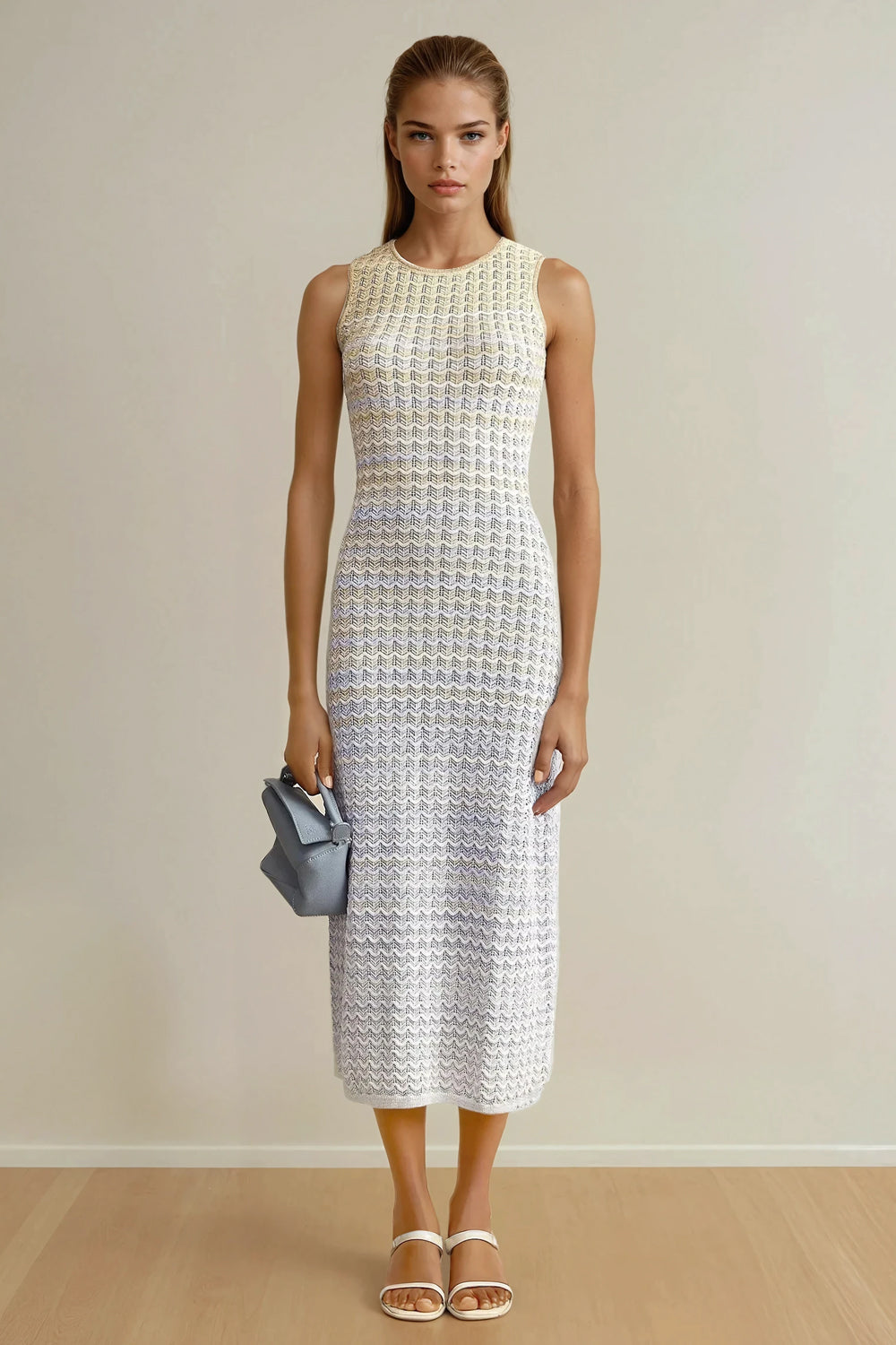 Sleeveless Knitted Maxi Dress with Back Slit - White