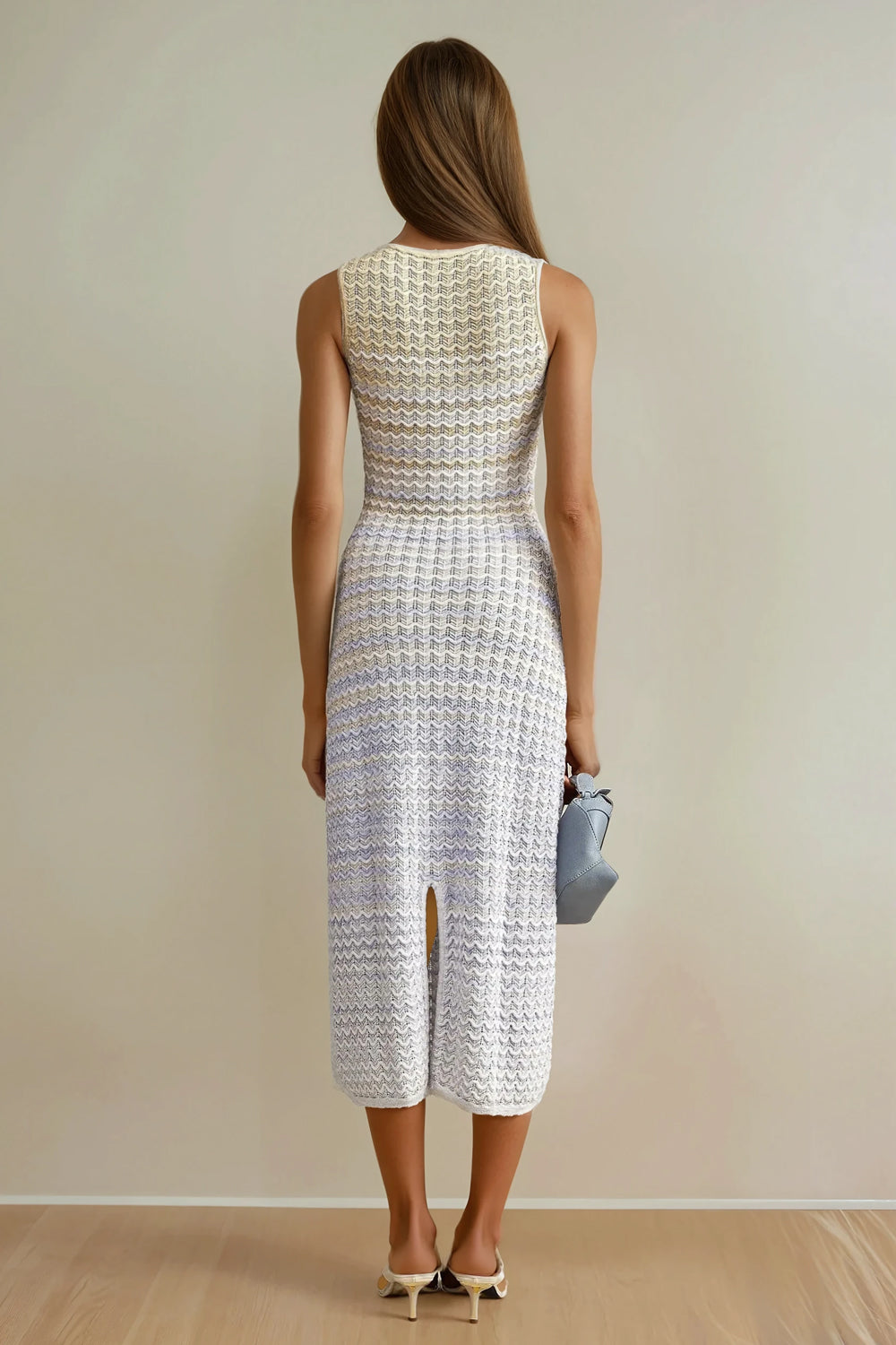 Sleeveless Knitted Maxi Dress with Back Slit - White