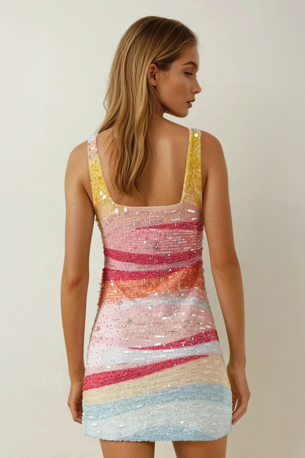 Sequin Embellished Square Neck Mini Dress - Pink