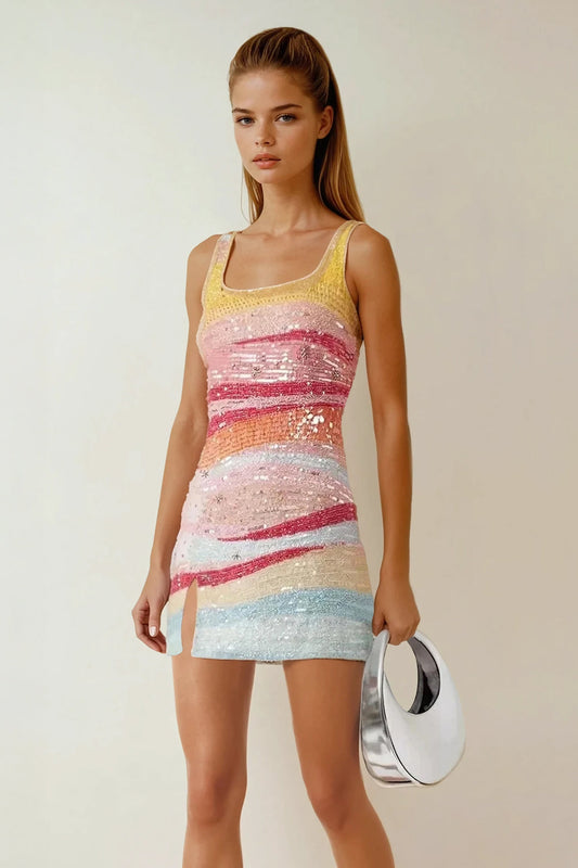 Sequin Embellished Square Neck Mini Dress - Pink