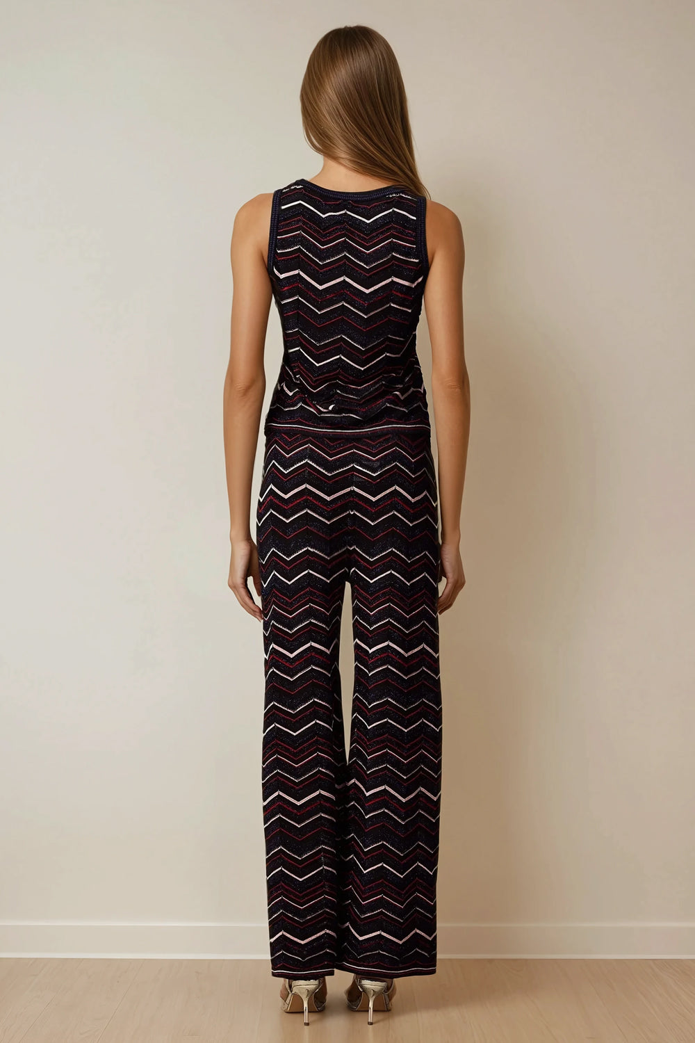 Two-Piece Set with Knitted Sleeveless Top and Wide-Leg Pants - Black