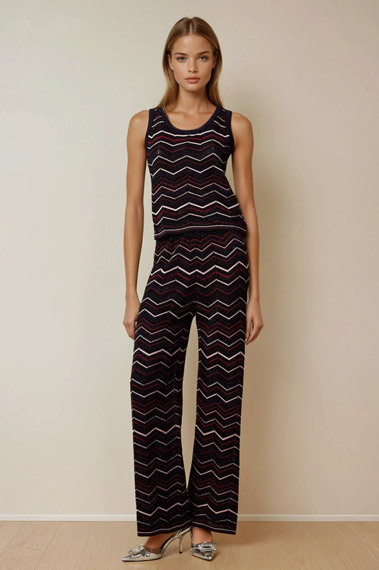 Two-Piece Set with Knitted Sleeveless Top and Wide-Leg Pants - Black