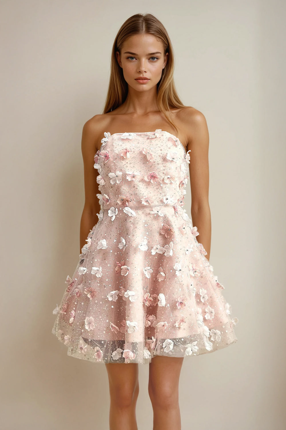 Mini Dress with 3D Floral Embellishment - Pink