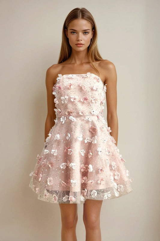 Mini Dress with 3D Floral Embellishment - Pink