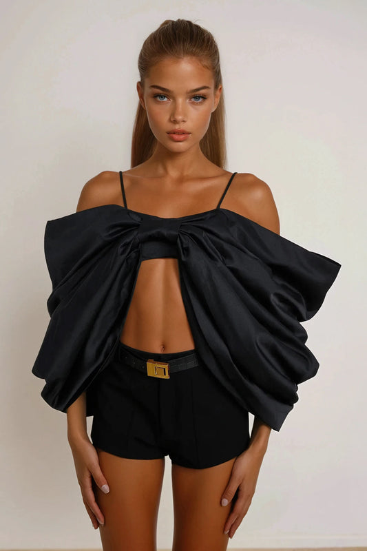 Oversized Bow and Spaghetti Straps Top - Black
