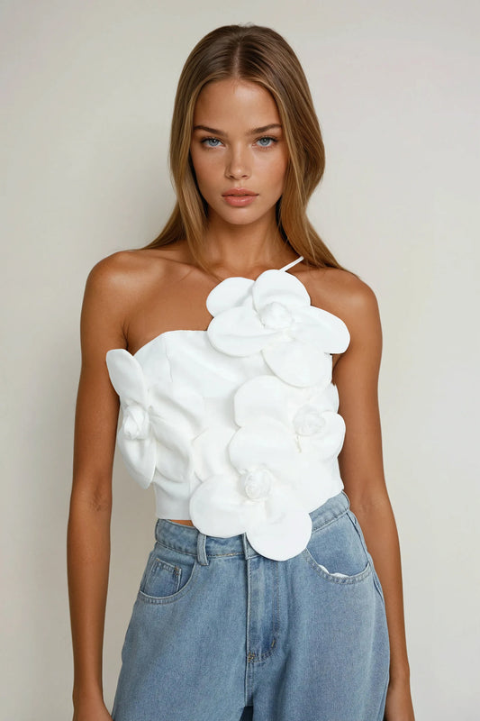 Backless Top with Oversized Flower Detail - White
