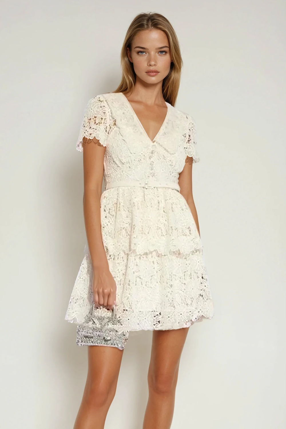 Mini Dress with Lace Overlay and Layered Skirt - White