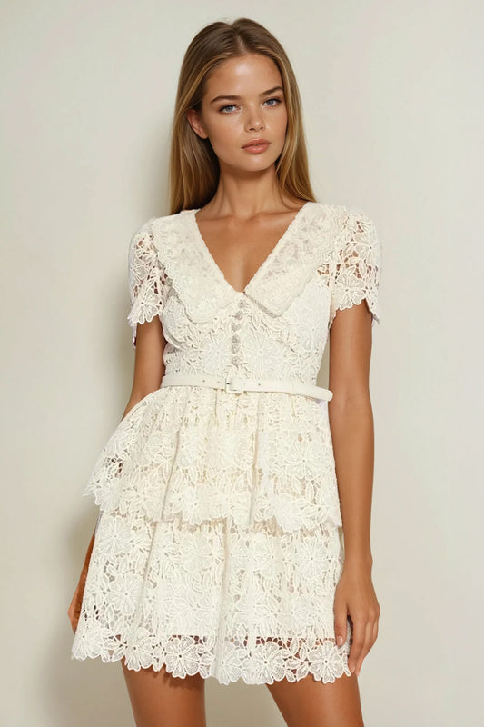 Mini Dress with Lace Overlay and Layered Skirt - White