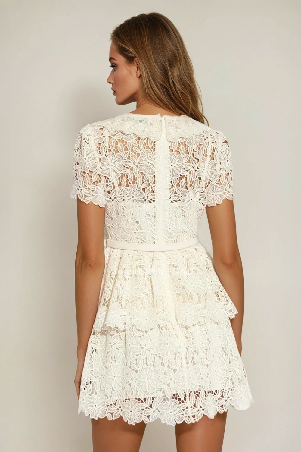 Mini Dress with Lace Overlay and Layered Skirt - White