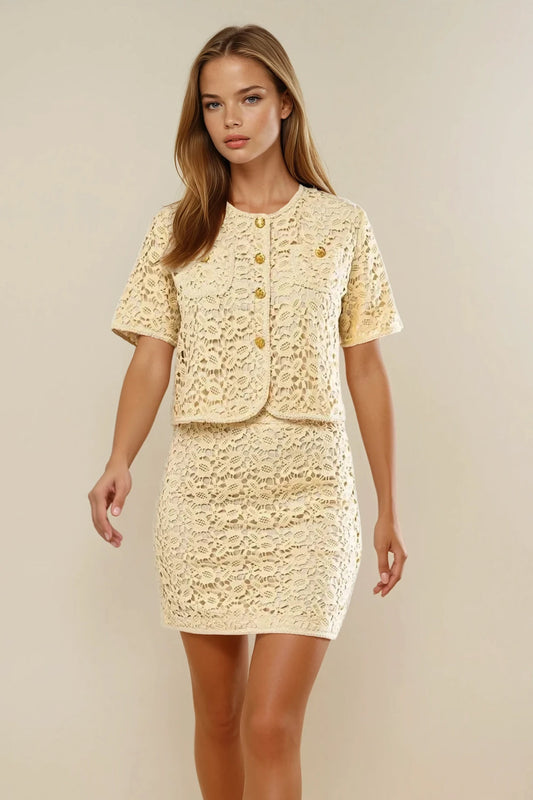 Two-Piece Set with Embroidered Top and Mini Skirt - Beige