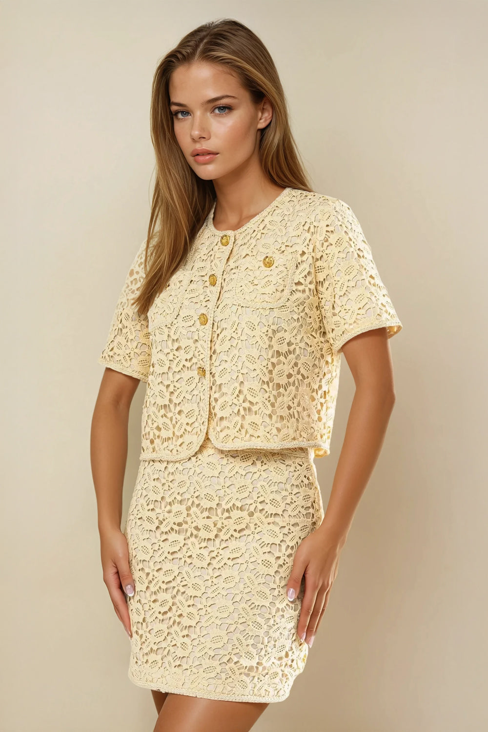 Two-Piece Set with Embroidered Top and Mini Skirt - Beige