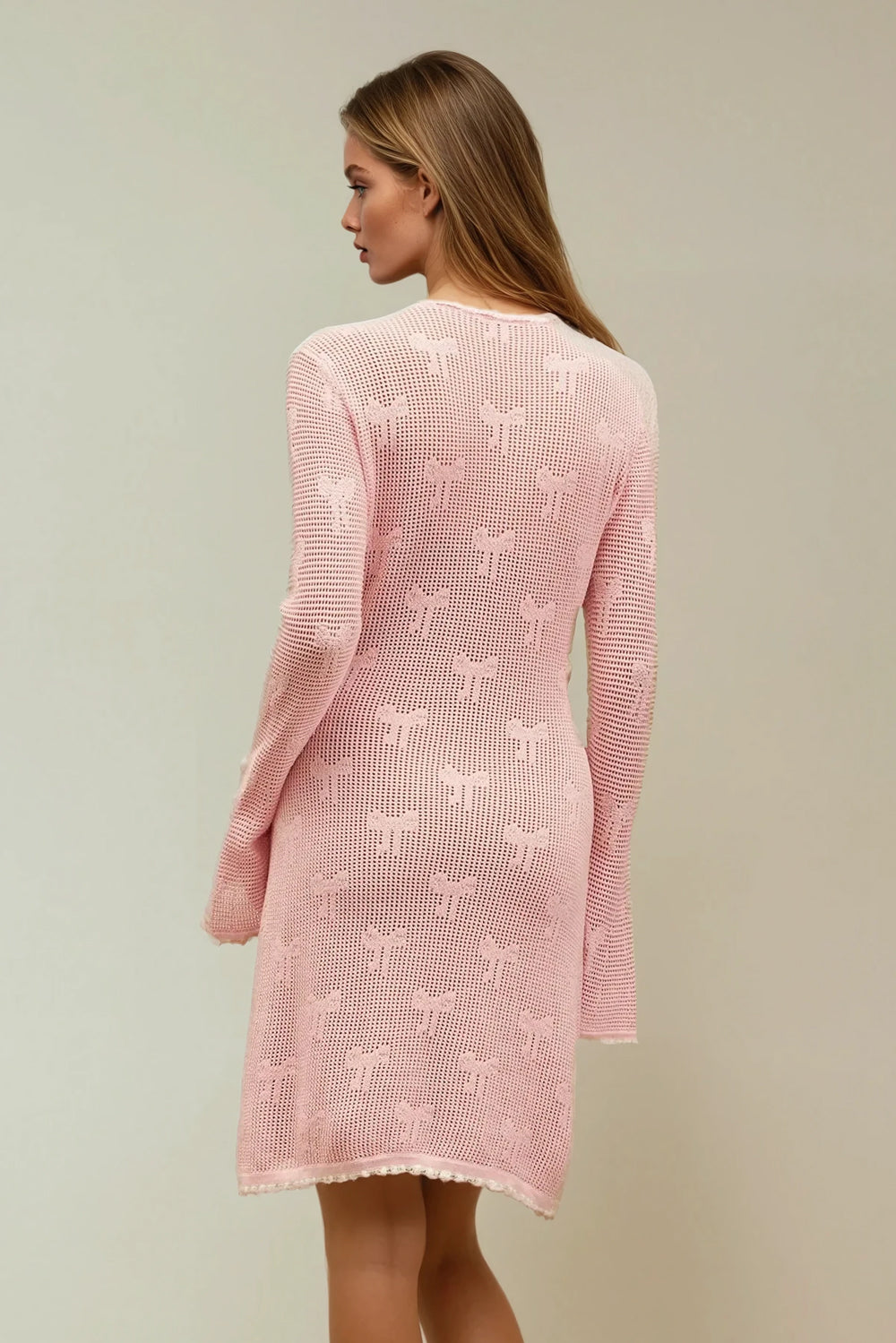 Crochet Longsleeve Mini Dress with Slip Lining - Pink