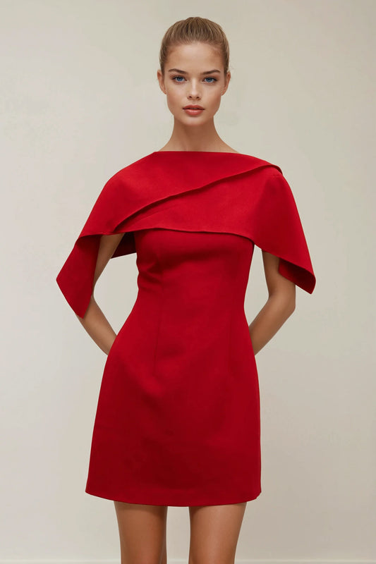Mini Dress with Draped Panel Detail  - Red