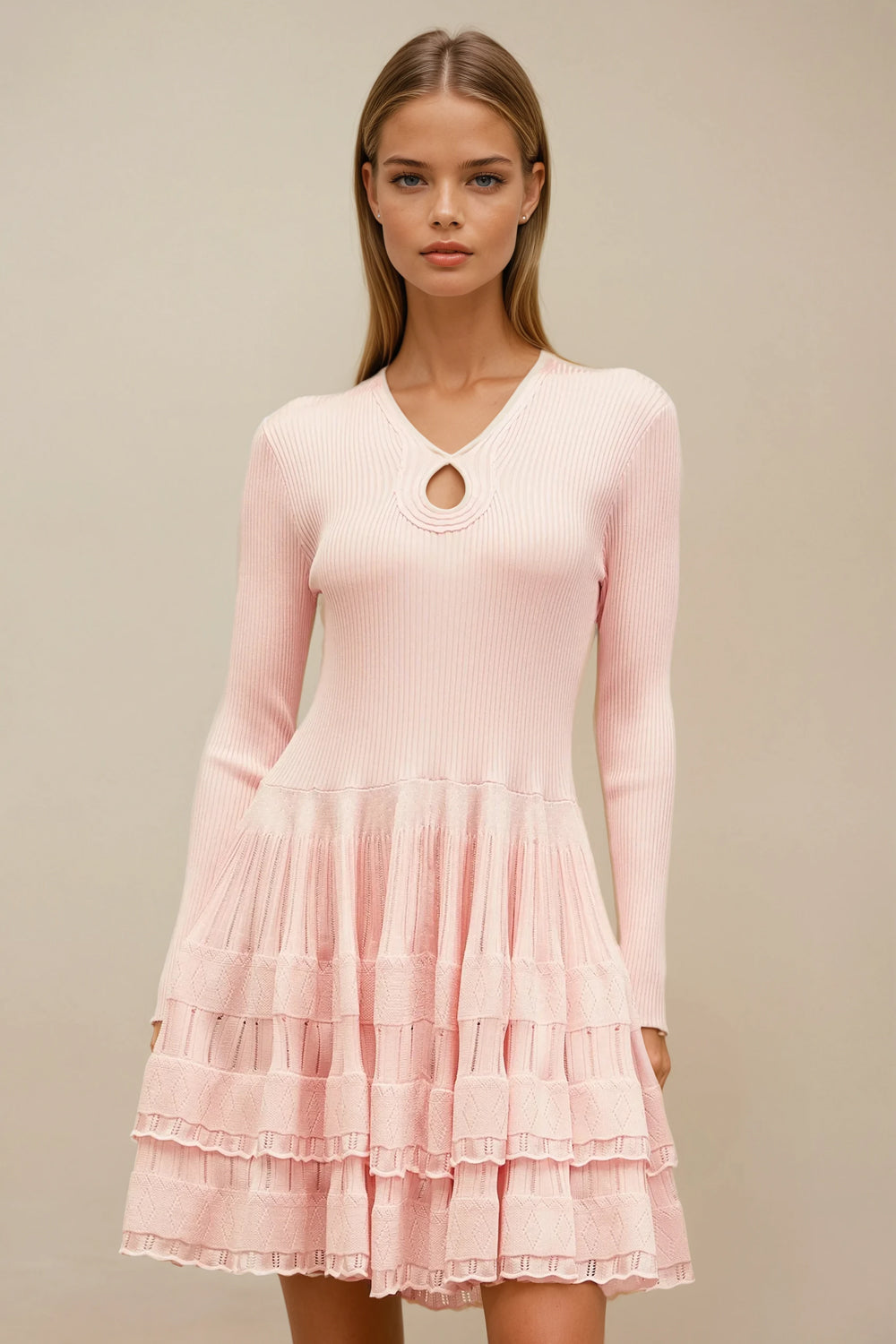 Mini Dress with Tiered Skirt and Keyhole Detail - Pink