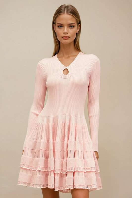 Mini Dress with Tiered Skirt and Keyhole Detail - Pink