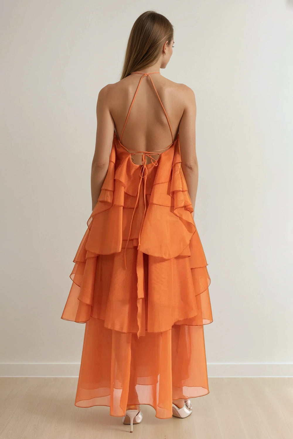 Layered Ruffle Halter Neck Maxi Dress - Orange