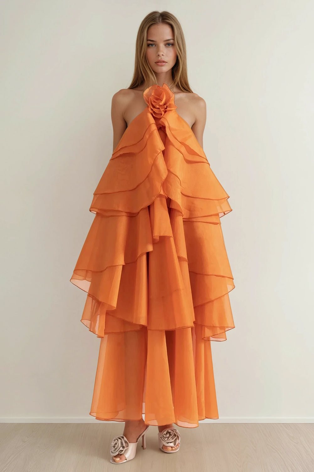 Layered Ruffle Halter Neck Maxi Dress - Orange